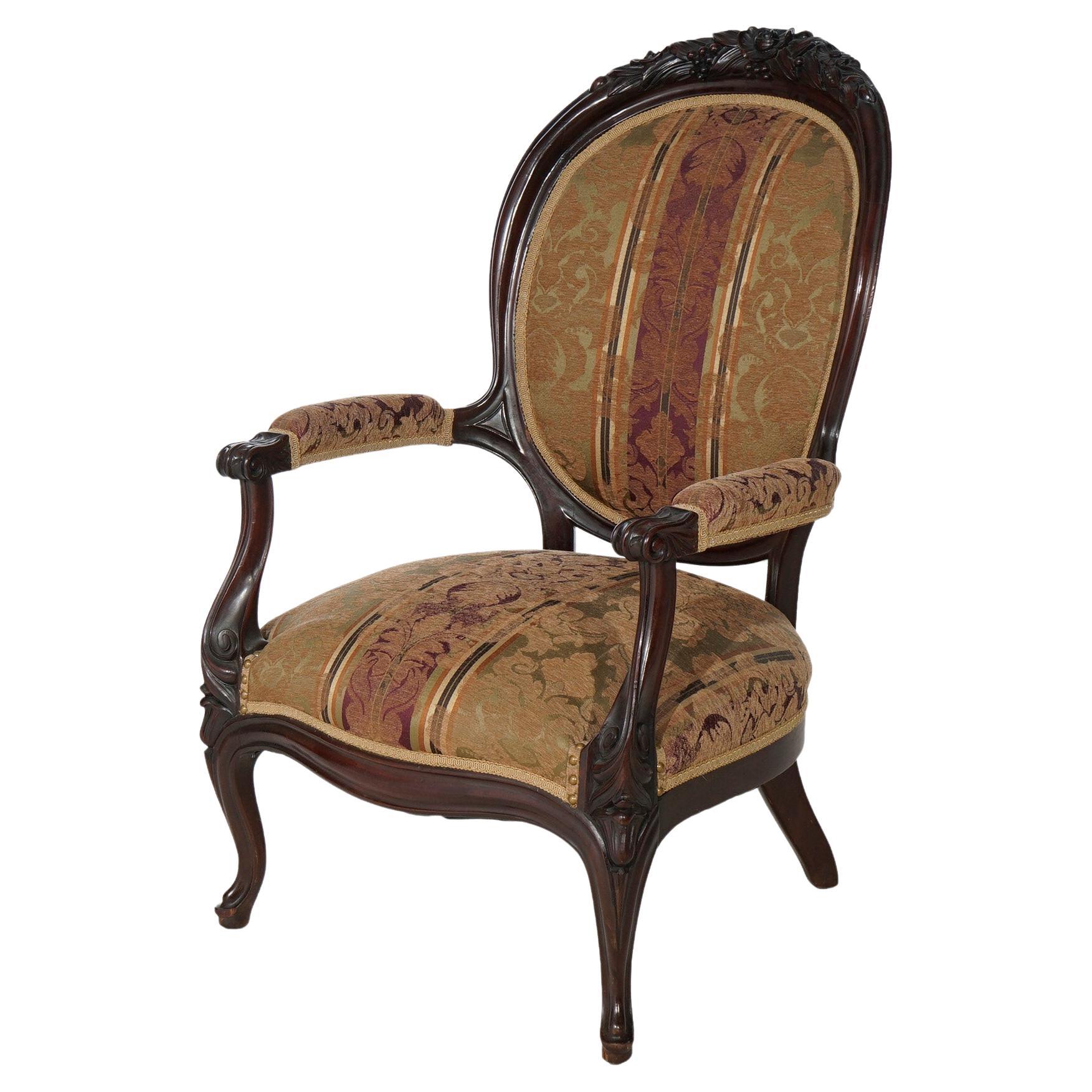 Antique Victorian Carved Walnut Upholstered Parlor Arm Chair Circa 1890 For Sale