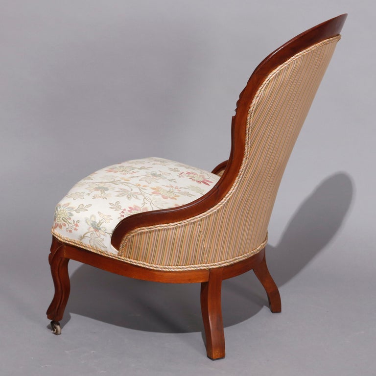 Antique Victorian Carved Walnut Upholstered Parlor Chair Set, circa