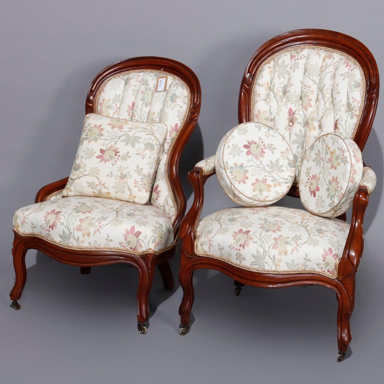 Antique Victorian Carved Walnut Upholstered Parlor Chair Set, circa