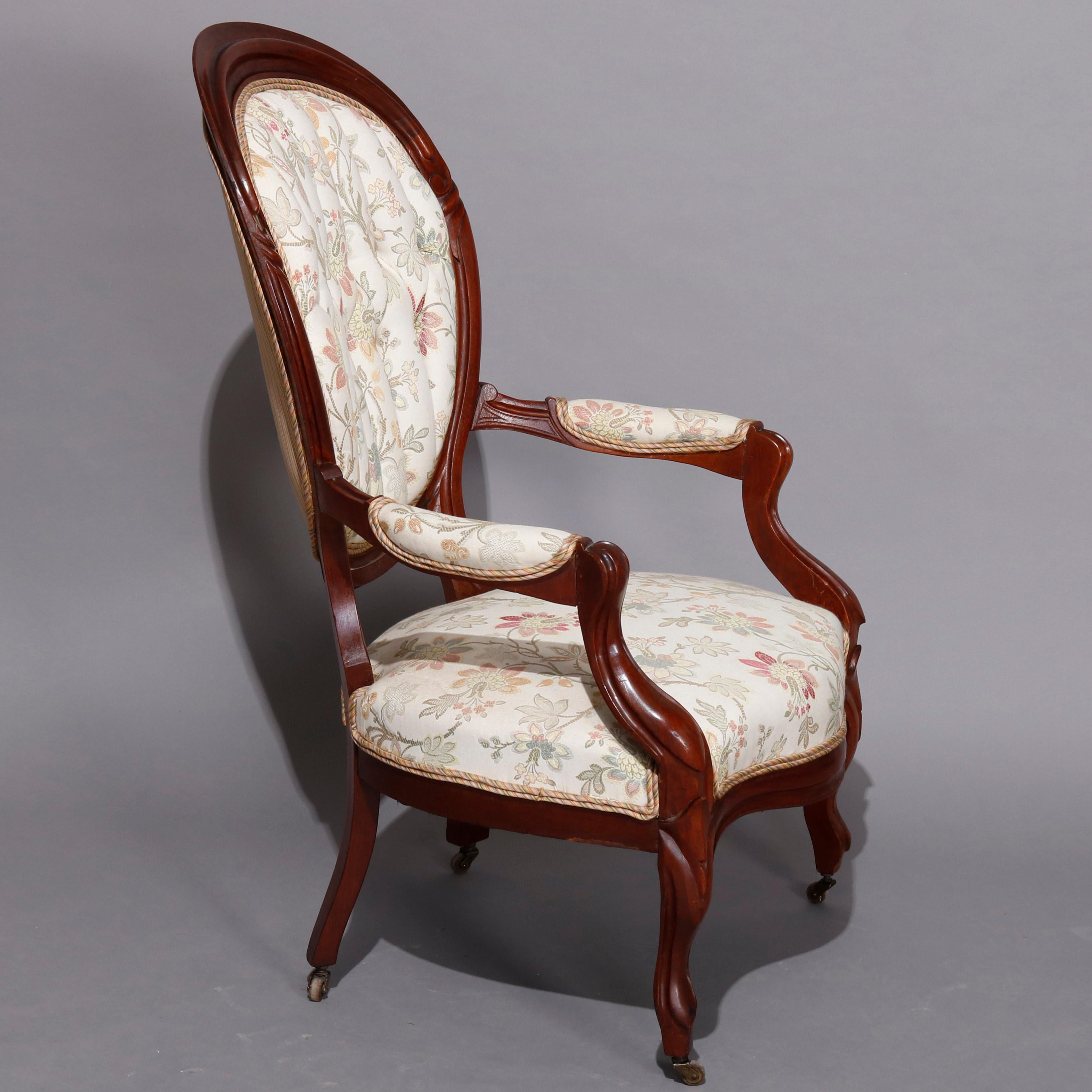 American Antique Victorian Carved Walnut Upholstered Parlor Chair Set, circa 1890