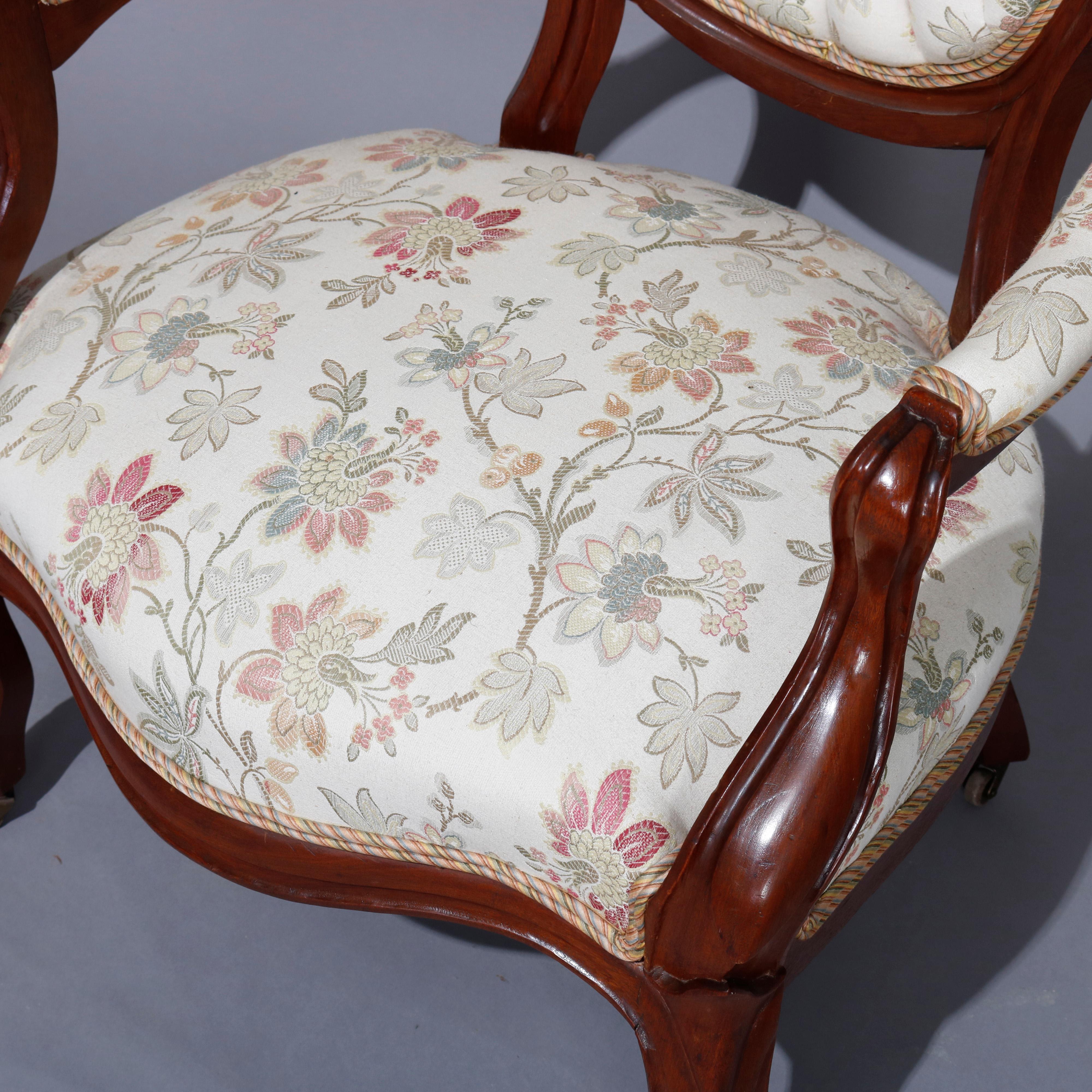 Antique Victorian Carved Walnut Upholstered Parlor Chair Set, circa 1890 In Good Condition In Big Flats, NY