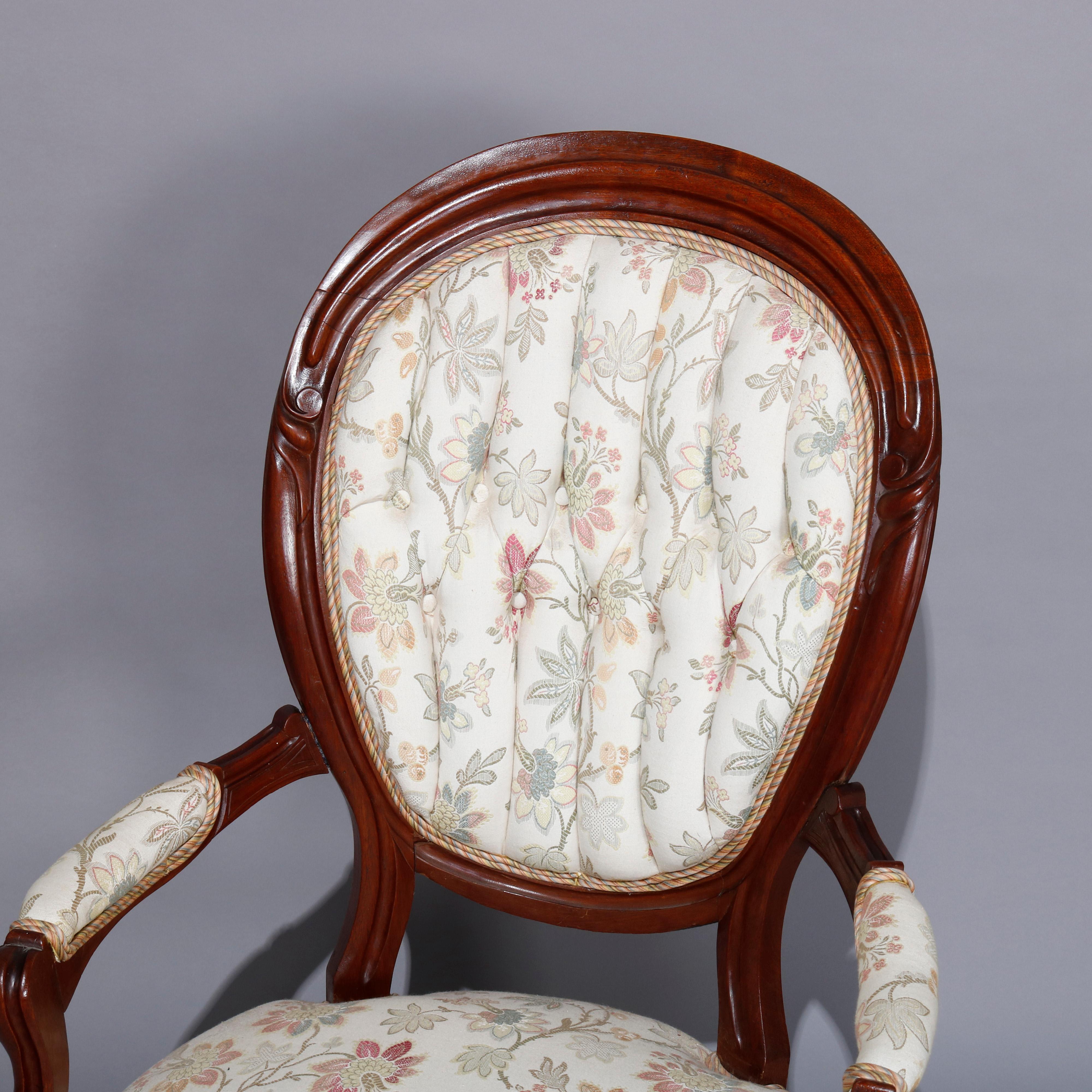 19th Century Antique Victorian Carved Walnut Upholstered Parlor Chair Set, circa 1890