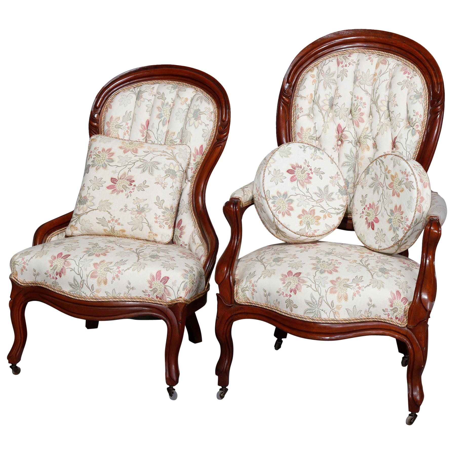 Antique Victorian Carved Walnut Upholstered Parlor Chair Set, circa 1890