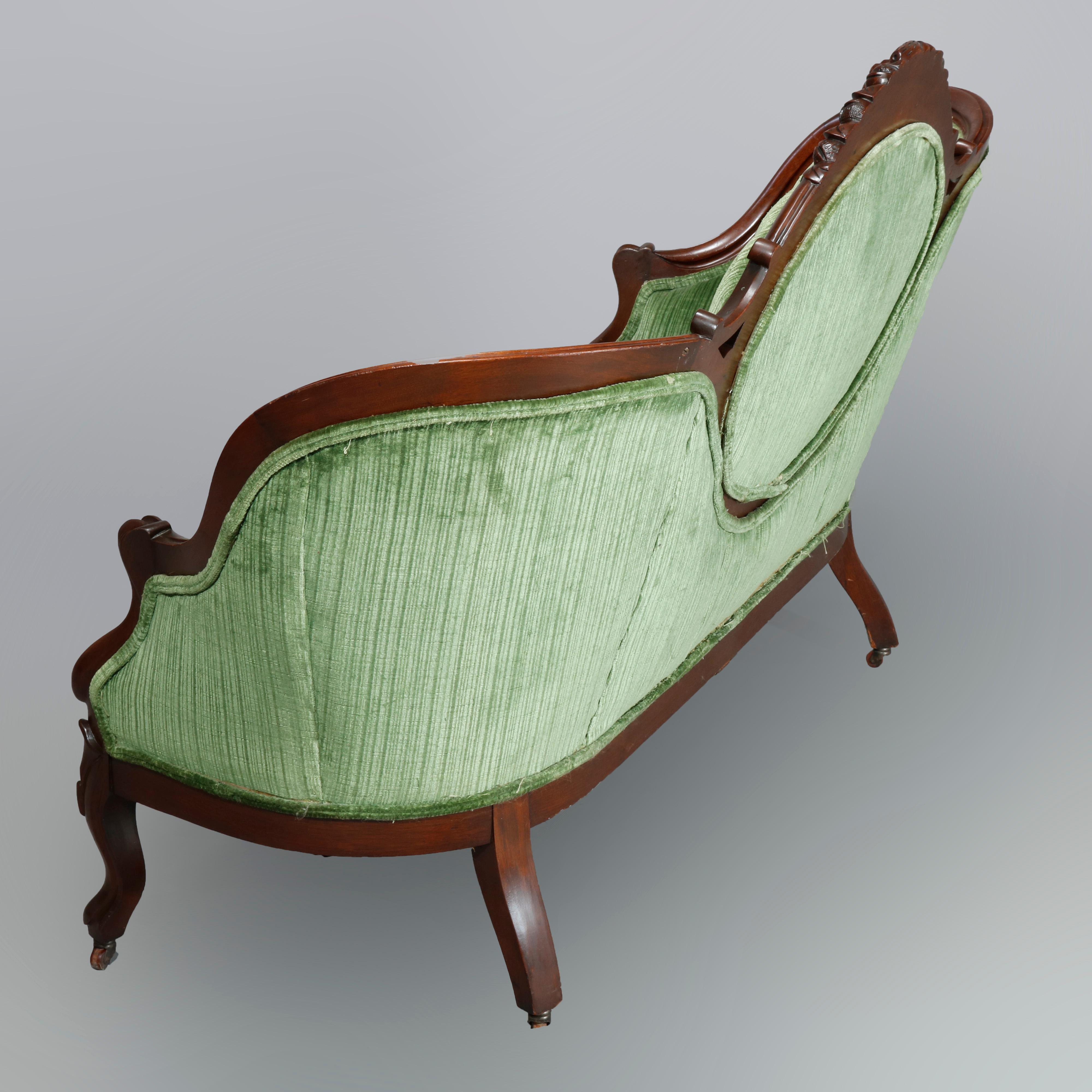 Antique Victorian Carved Walnut & Velvet Medallion Back Sofa, Circa 1890 1