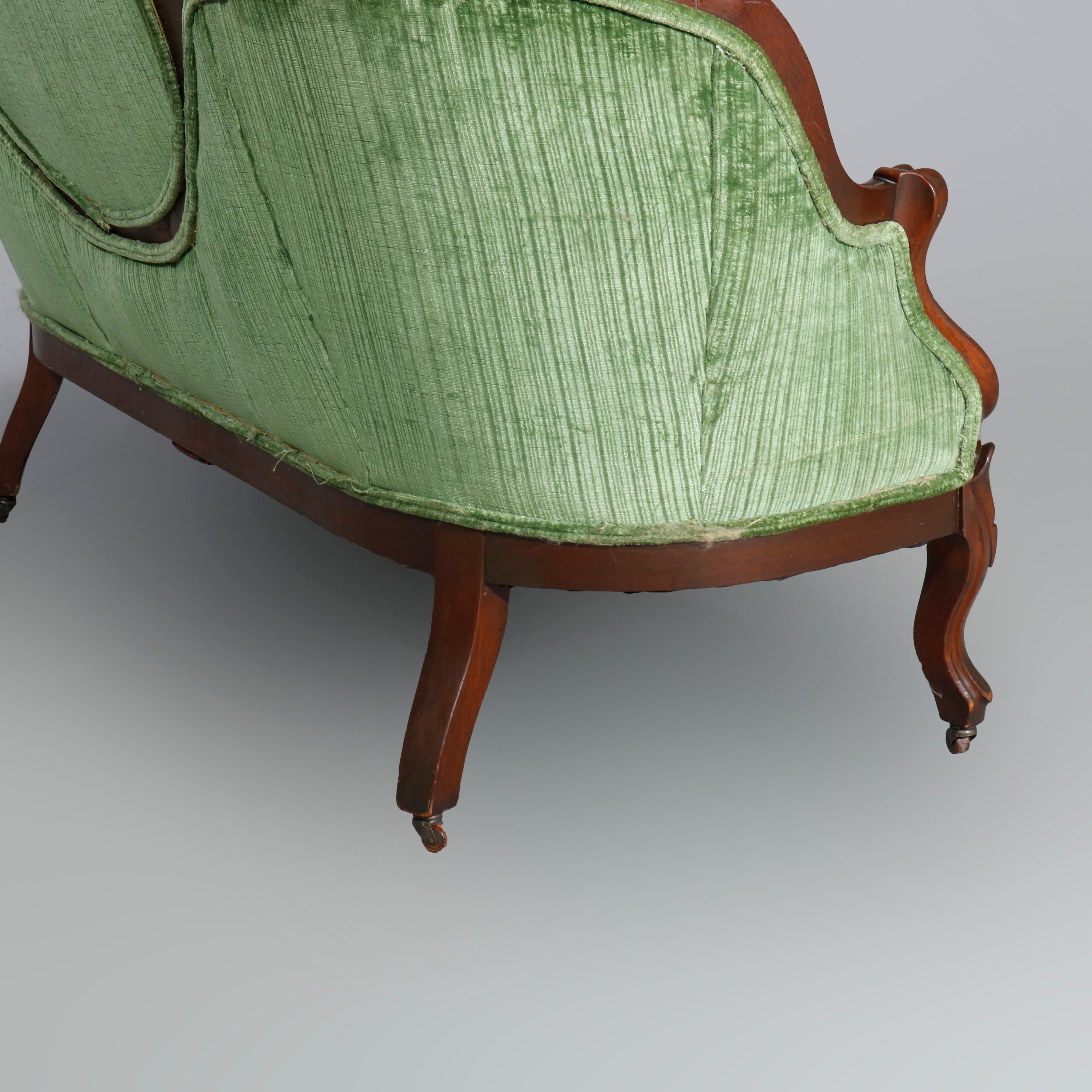 Antique Victorian Carved Walnut & Velvet Medallion Back Sofa, Circa 1890 3