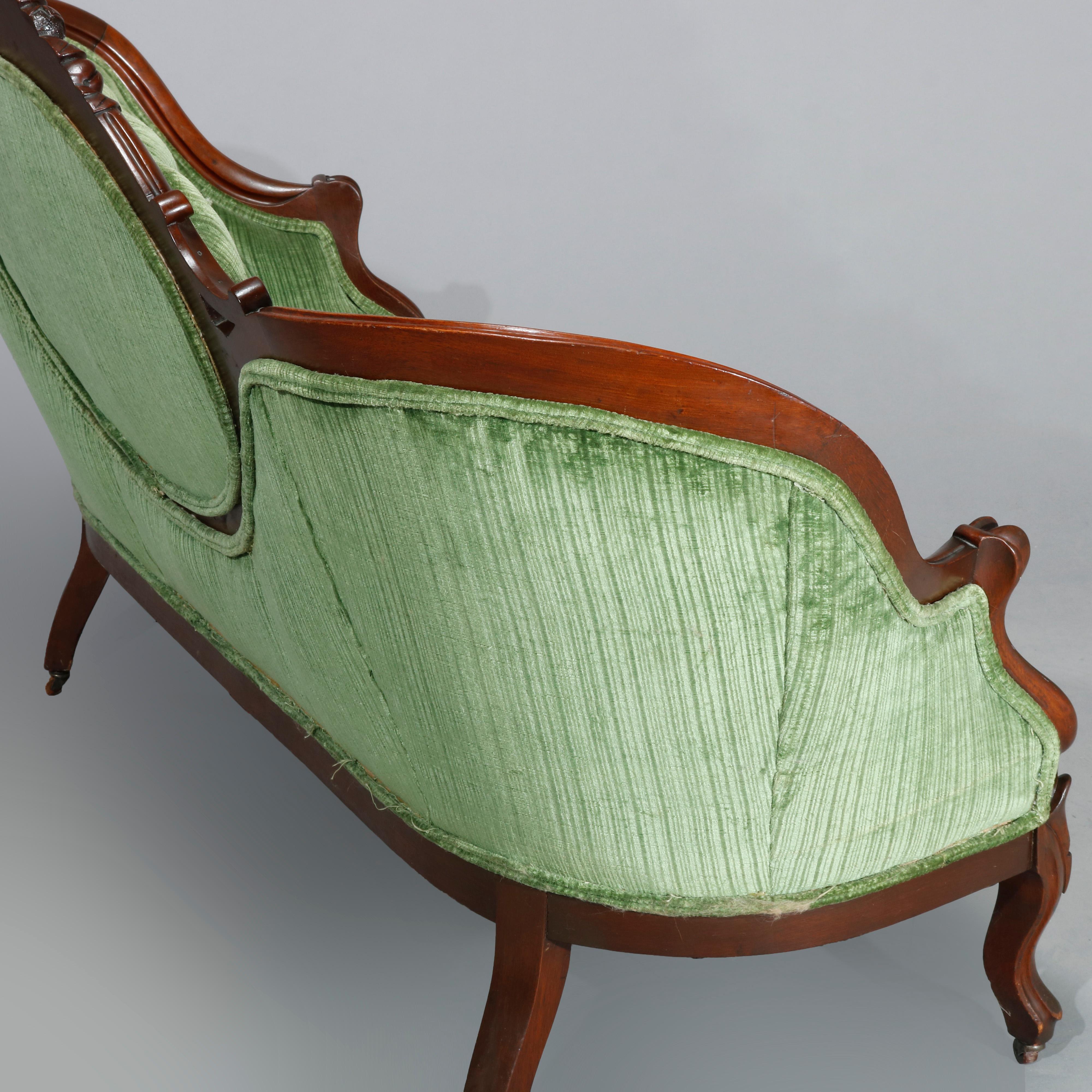 Antique Victorian Carved Walnut & Velvet Medallion Back Sofa, Circa 1890 4