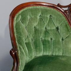 Antique Victorian Carved Walnut & Velvet Medallion Back Sofa, Circa 1890