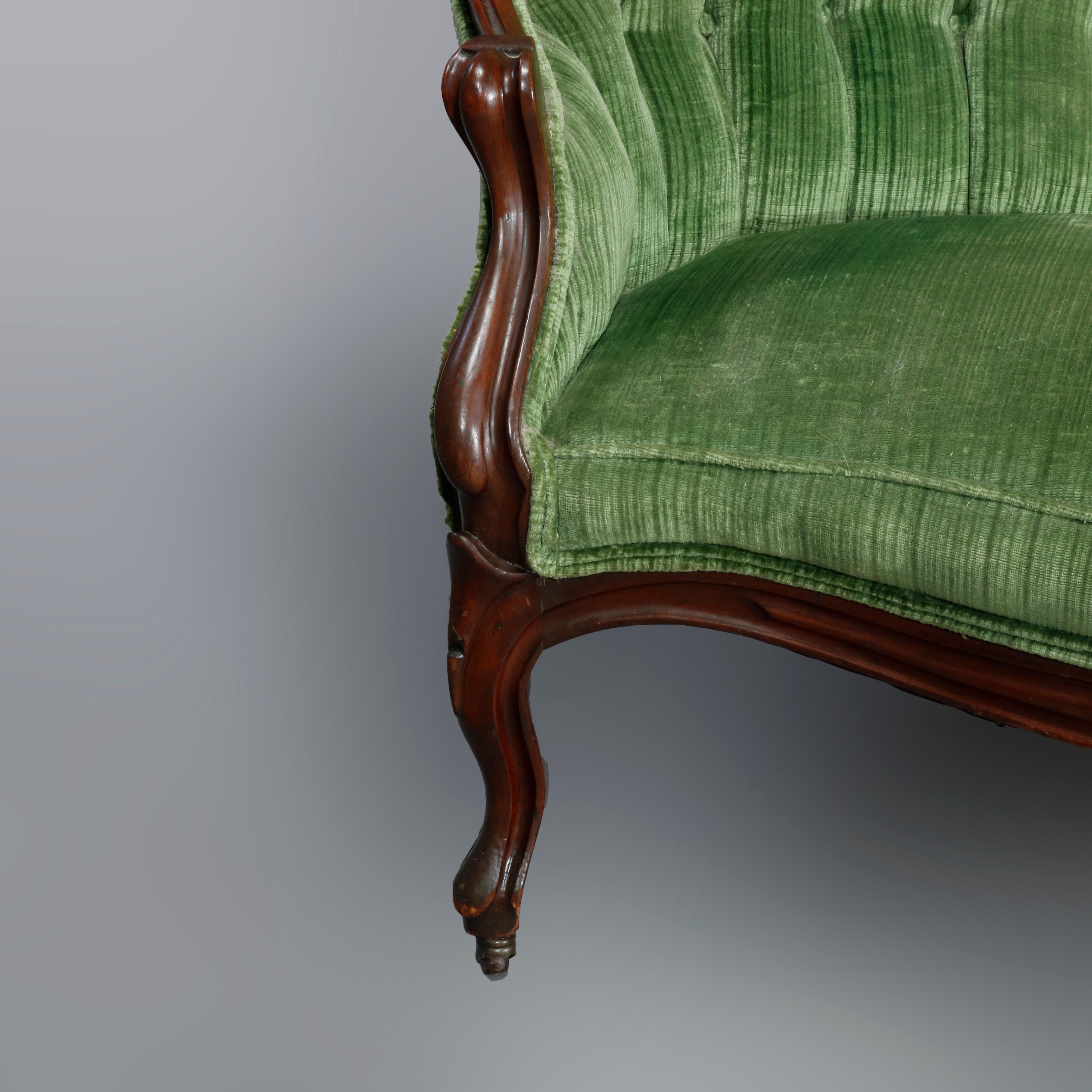 Antique Victorian Carved Walnut & Velvet Medallion Back Sofa, Circa 1890 In Good Condition In Big Flats, NY
