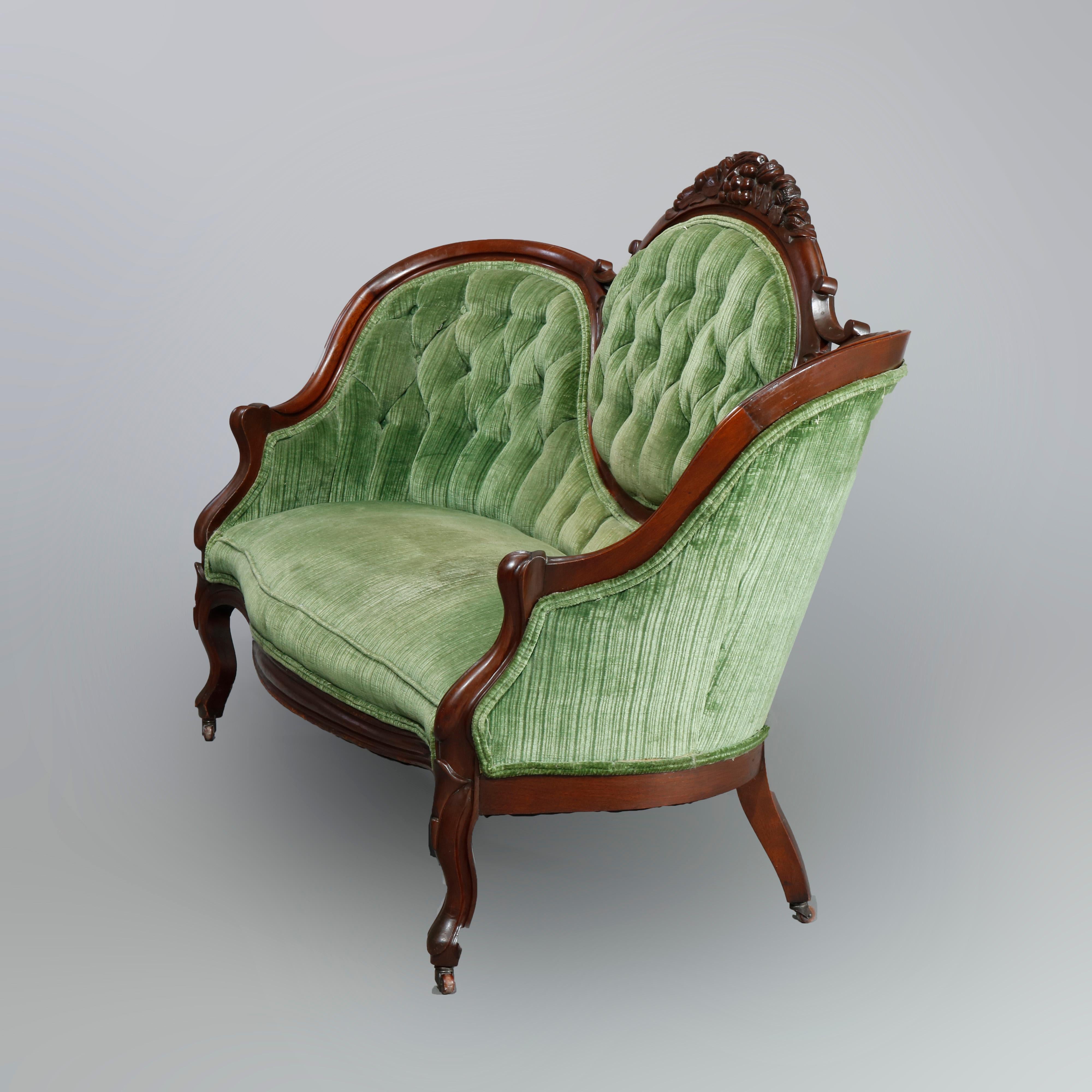 Upholstery Antique Victorian Carved Walnut & Velvet Medallion Back Sofa, Circa 1890