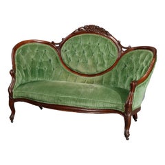 Antique Victorian Carved Walnut & Velvet Medallion Back Sofa, Circa 1890