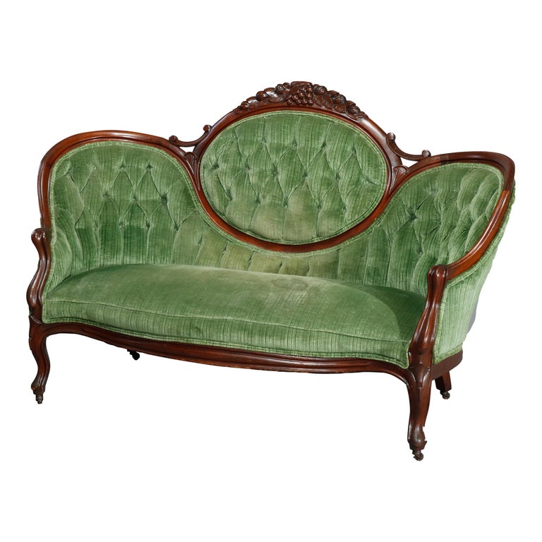 Antique Victorian Carved Walnut and Velvet Medallion Back Sofa, Circa 1890  at 1stDibs | antique couches, victorian couches, victorian couch for sale