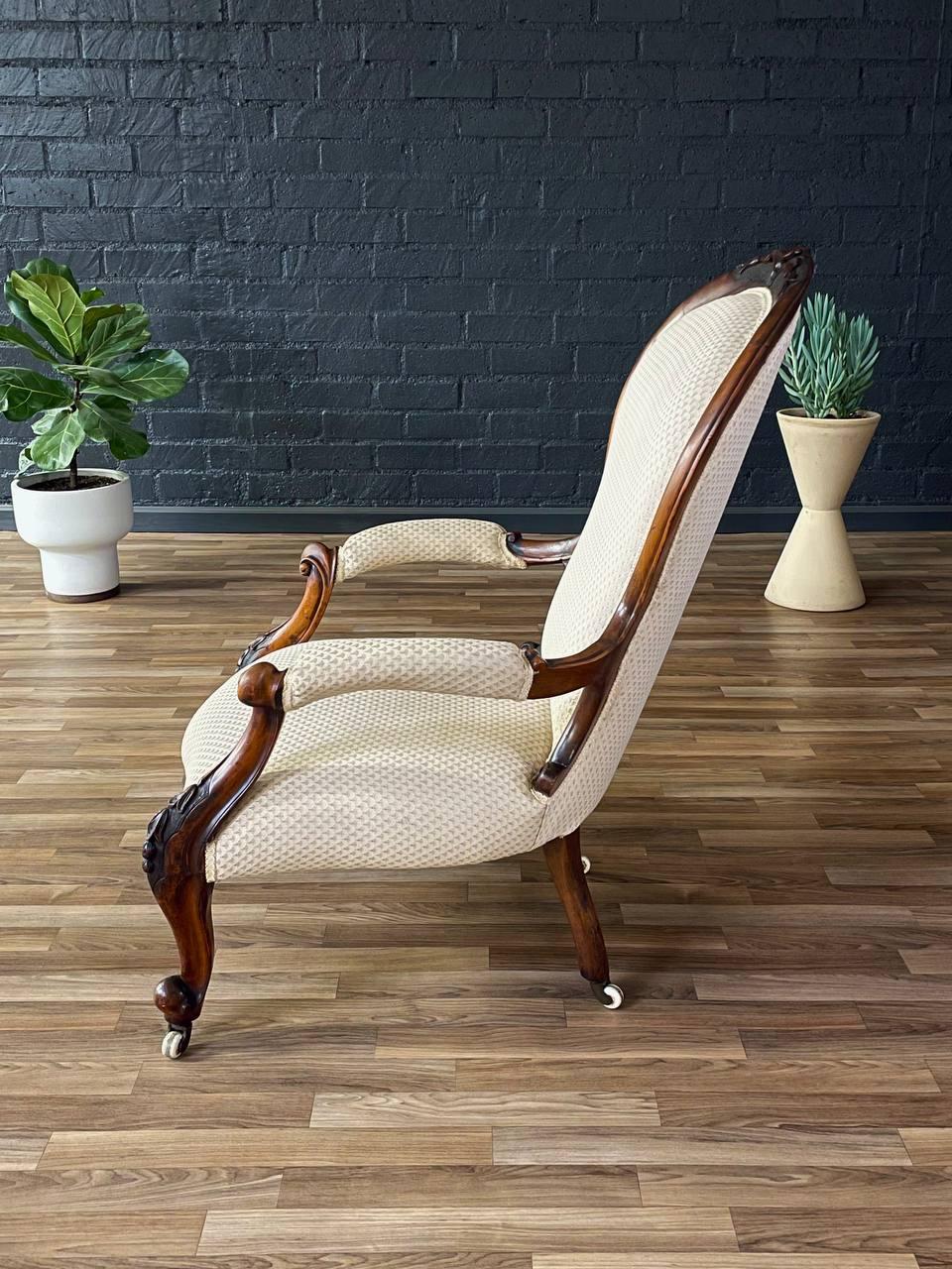 Upholstery Antique Victorian Carved Wood Arm Chair For Sale
