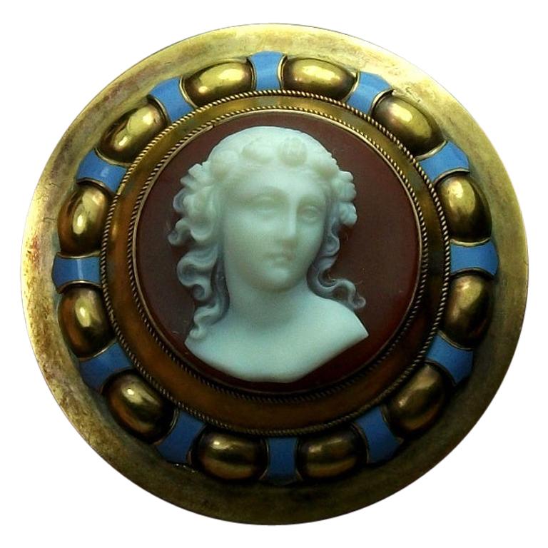 Antique Victorian Cased Goddess Flora Hard Stone Cameo Brooch For Sale