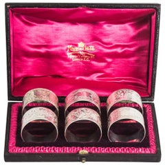 Antique Victorian Cased Set of Six Sterling Silver Napkin Rings, 19th Century