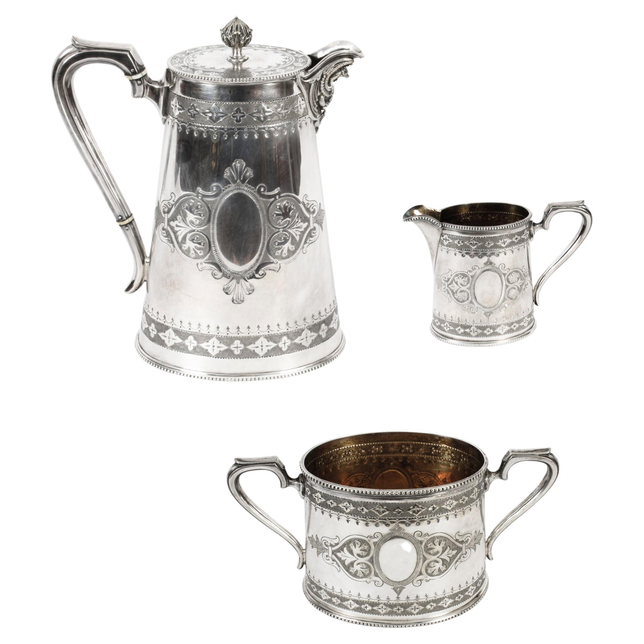 Antique Victorian Cased Silver 3 x Coffee set Elkington 19th Century