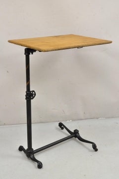 Antique Victorian Cast Iron Adjustable Small Surgical Drafting Table w/ Oak Top