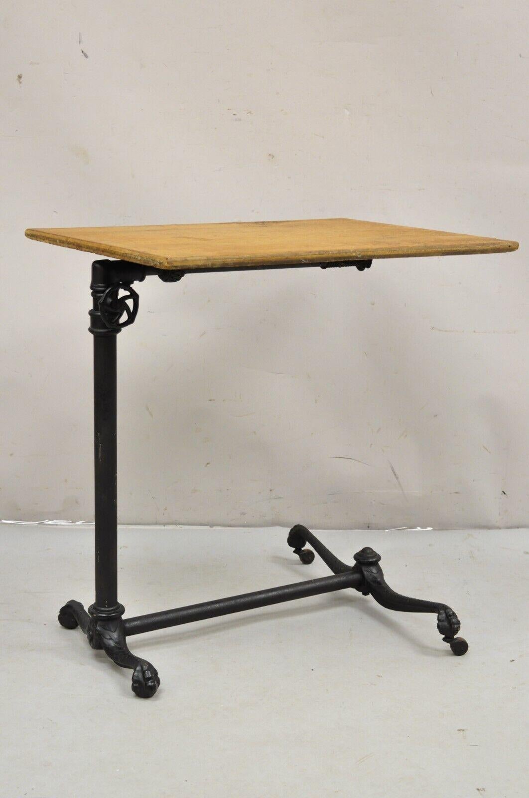 Antique Victorian Cast Iron Adjustable Small Surgical Drafting Table w/ Oak Top In Good Condition For Sale In Philadelphia, PA