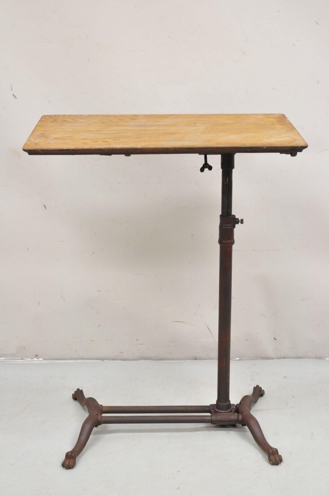 Antique Victorian Cast Iron Adjustable Small Surgical Drafting Table w/ Oak Top In Good Condition For Sale In Philadelphia, PA