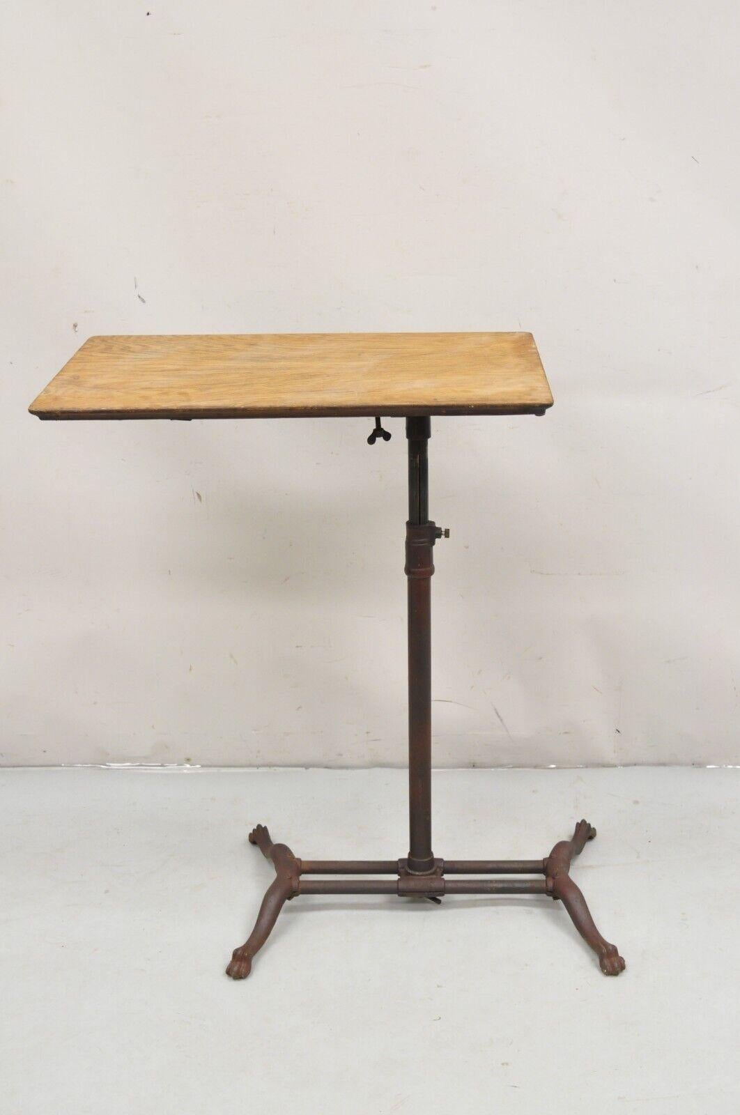 19th Century Antique Victorian Cast Iron Adjustable Small Surgical Drafting Table w/ Oak Top For Sale