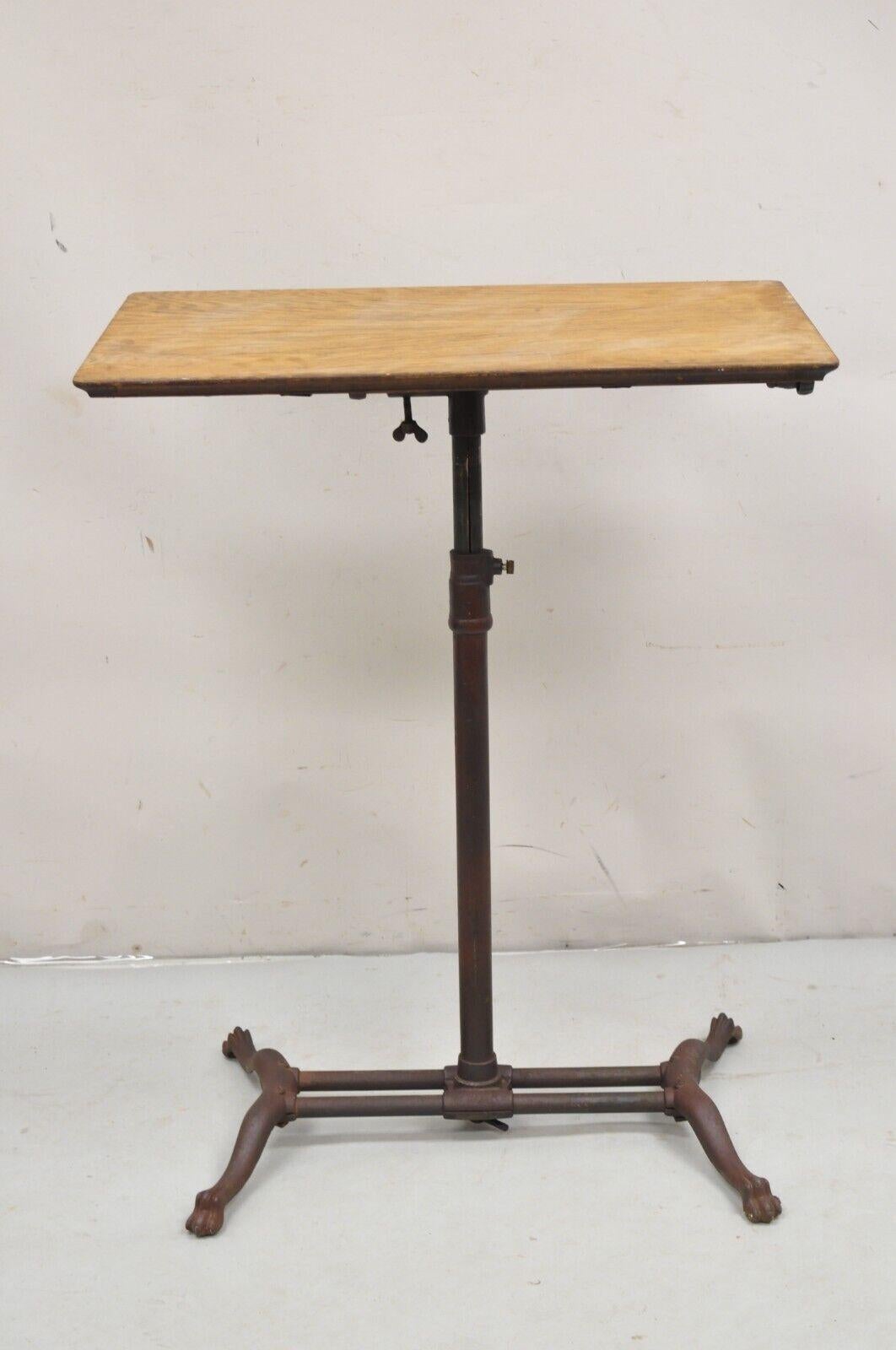 Antique Victorian Cast Iron Adjustable Small Surgical Drafting Table w/ Oak Top For Sale 1