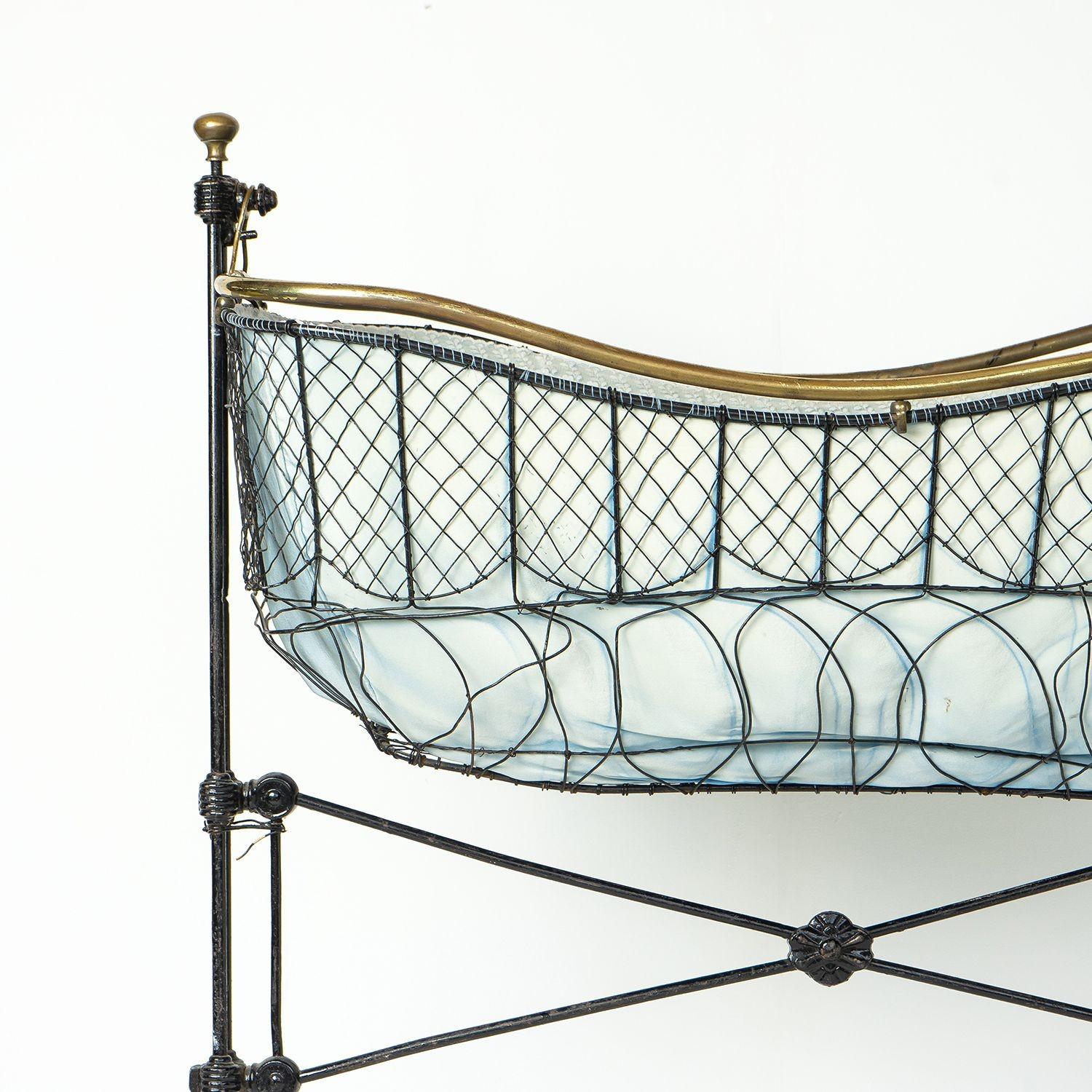 Textile Antique Victorian Cast Iron and Brass Rocking Cradle, 19th Century For Sale