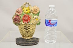 Antique Victorian Cast Iron Beige Floral Bouquet Round Basket Painted Door Stop
