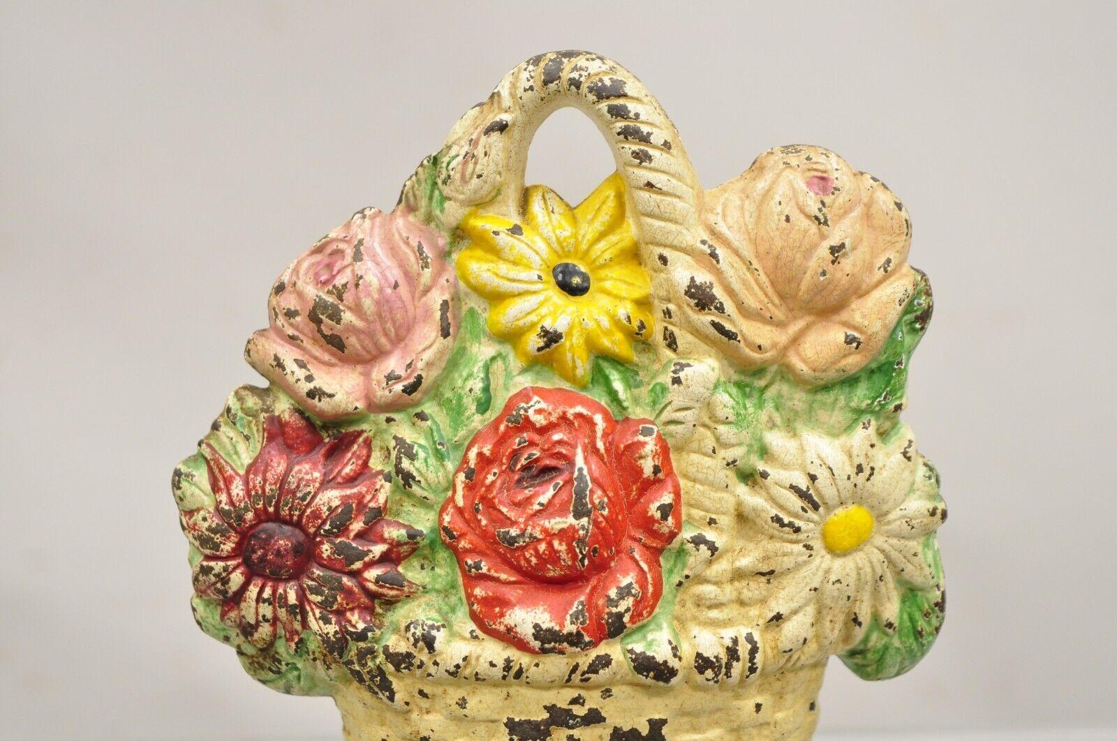 Antique Victorian Cast Iron Beige Floral Bouquet Round Basket Painted Door Stop In Good Condition For Sale In Philadelphia, PA