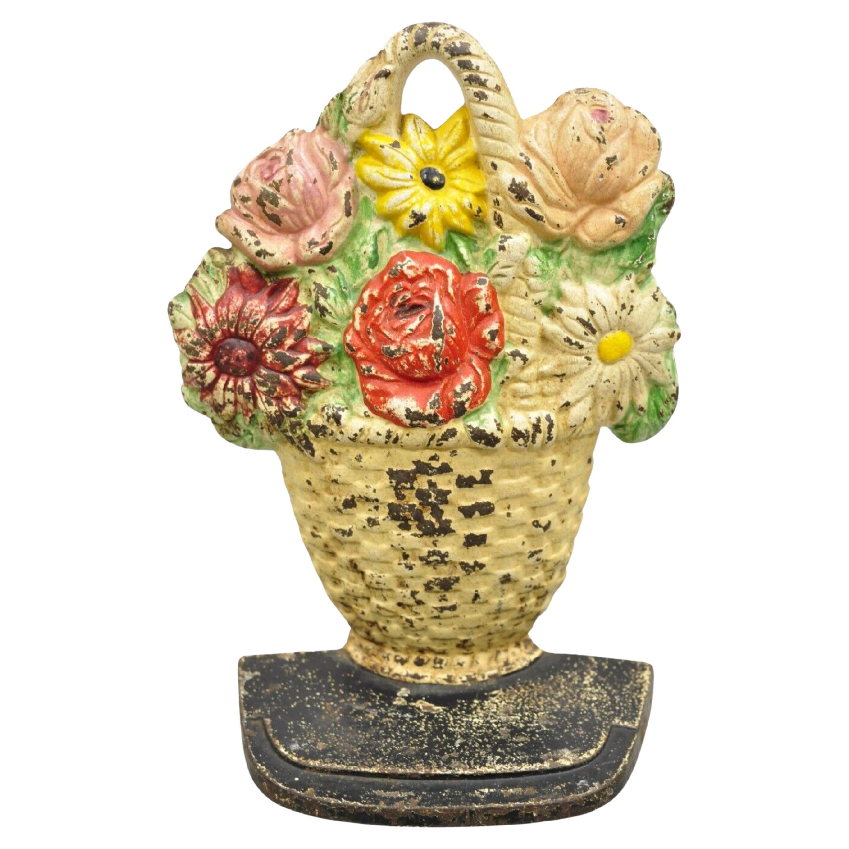 Antique Victorian Cast Iron Beige Floral Bouquet Round Basket Painted Door Stop For Sale