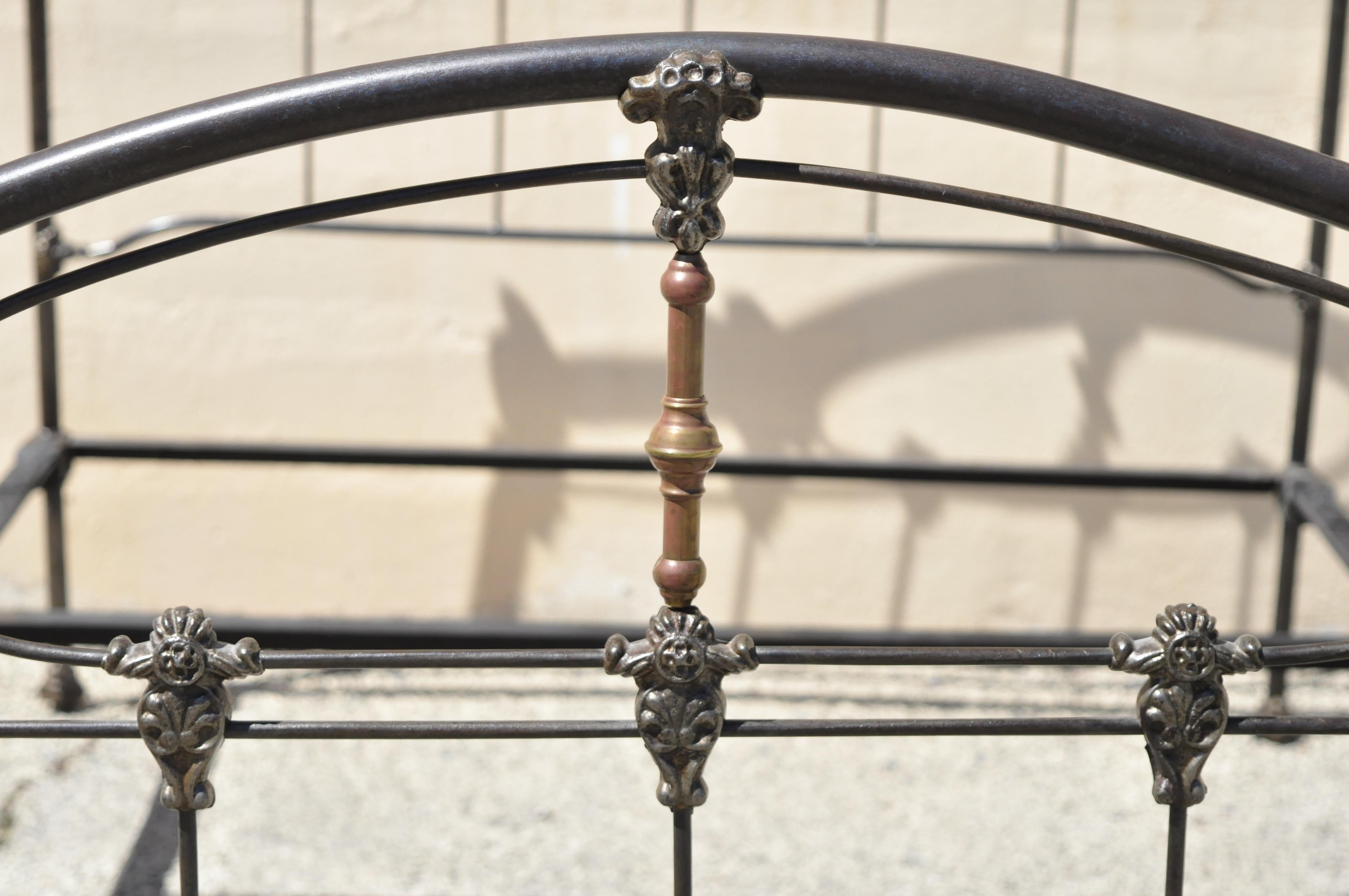 Antique Victorian Cast Iron Brass Steel Queen Size Bed Frame with Brass Finials 2