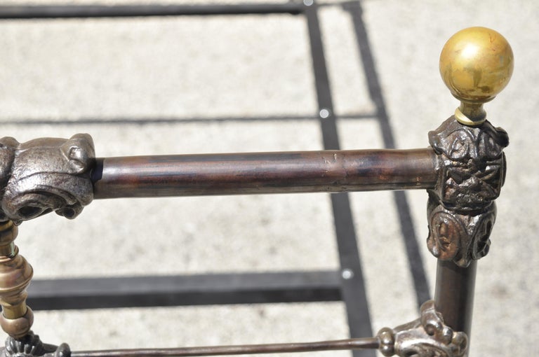 Antique Victorian Cast Iron Brass Steel Queen Size Bed Frame with Brass