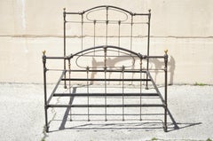 Antique Victorian Cast Iron Brass Steel Queen Size Bed Frame with Brass Finials