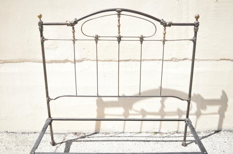 Antique Victorian Cast Iron Brass Steel Queen Size Bed Frame with Brass