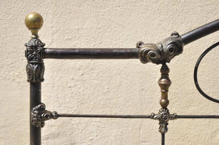 Antique Victorian Cast Iron Brass Steel Queen Size Bed Frame with Brass