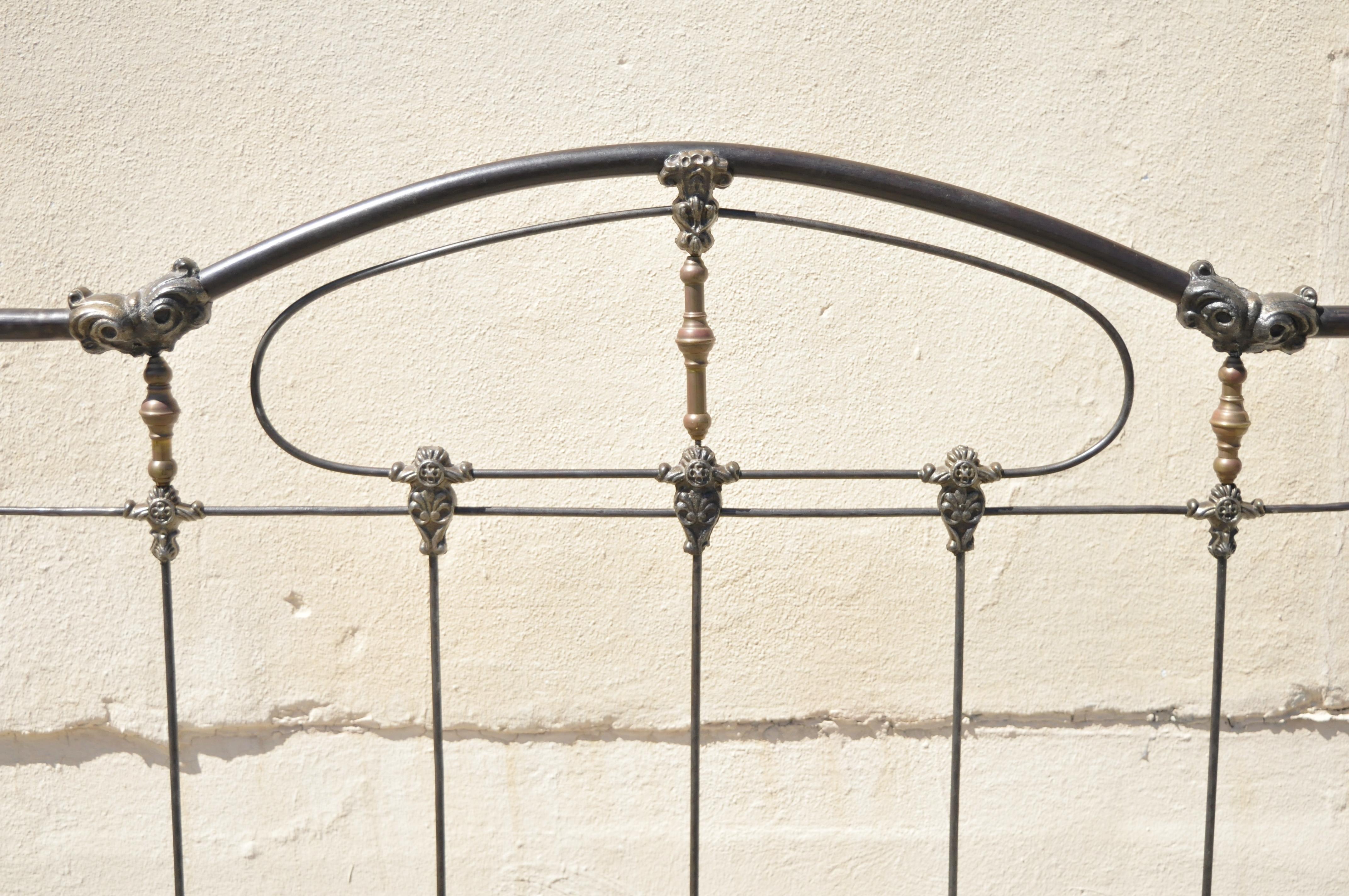 Antique Victorian Cast Iron Brass Steel Queen Size Bed Frame with Brass Finials In Good Condition In Philadelphia, PA