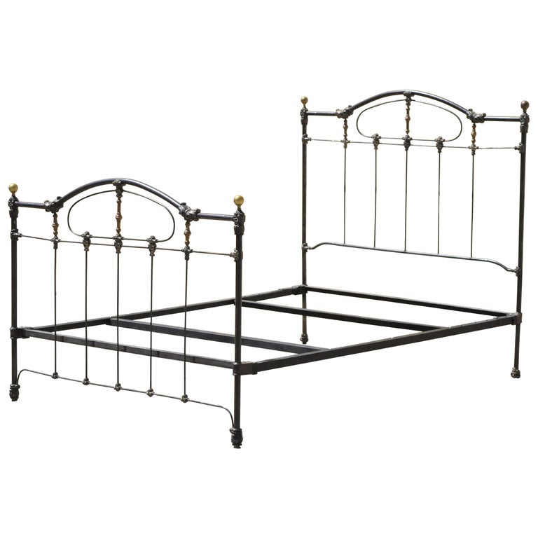 Antique Victorian Cast Iron Brass Steel Queen Size Bed Frame with Brass