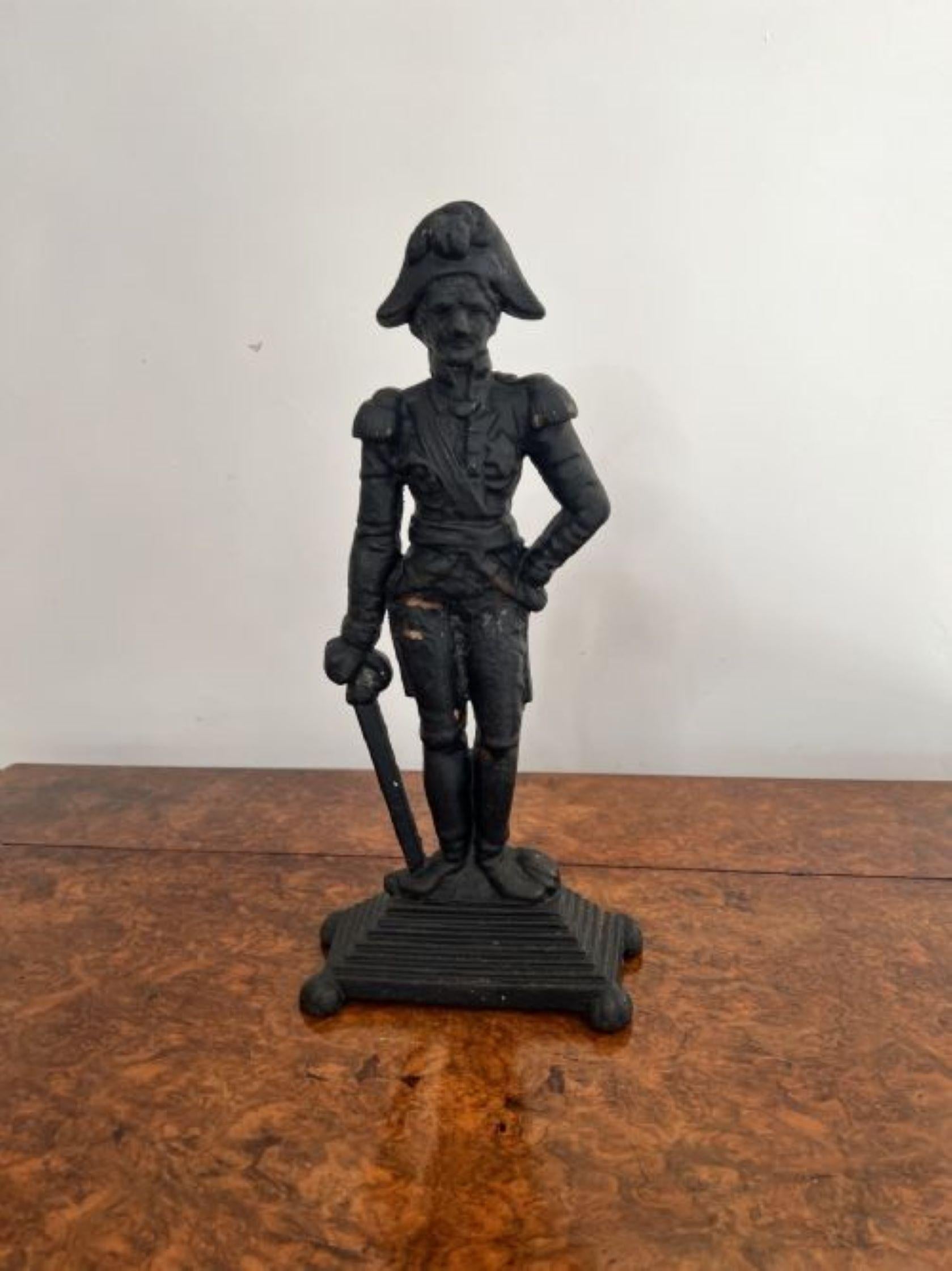 Antique Victorian cast iron door stop in the form of Lord Nelson, quality antique Victorian cast iron doorstop with Lord Nelson standing on a stepped base raised on ball feet.