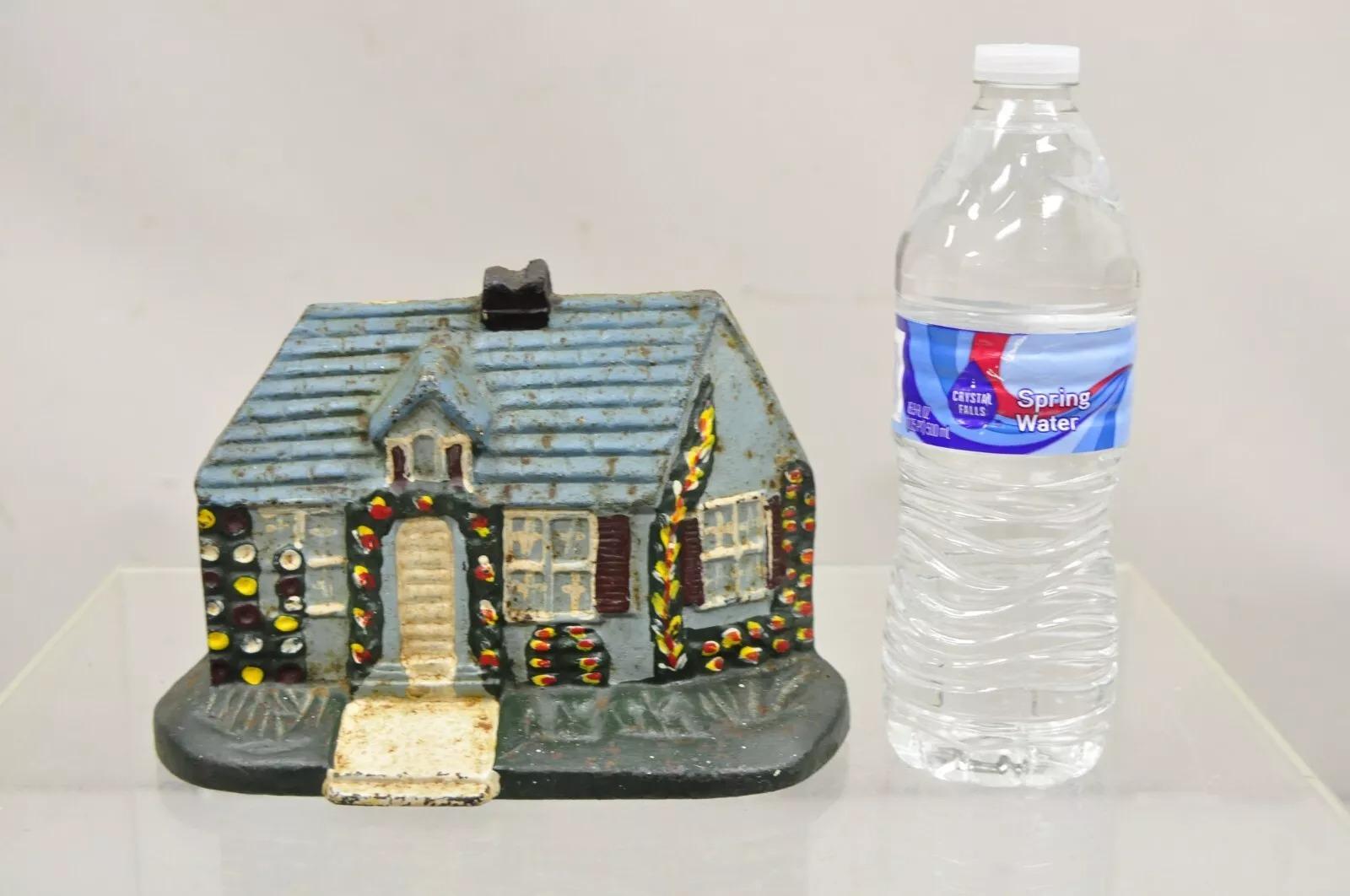 Antique Victorian Cast Iron Figural Blue Cottage House Painted Door Stop. Circa  Early 1900s. Measurements: 5.5