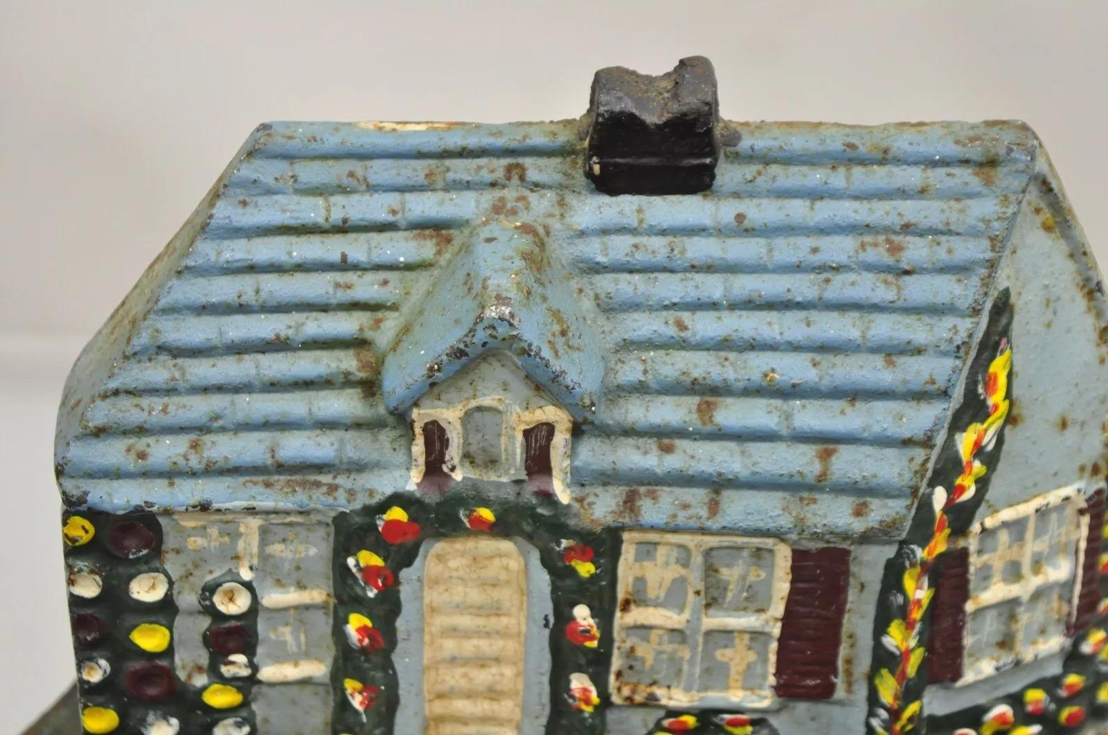 Antique Victorian Cast Iron Figural Blue Cottage House Painted Door Stop In Good Condition For Sale In Philadelphia, PA