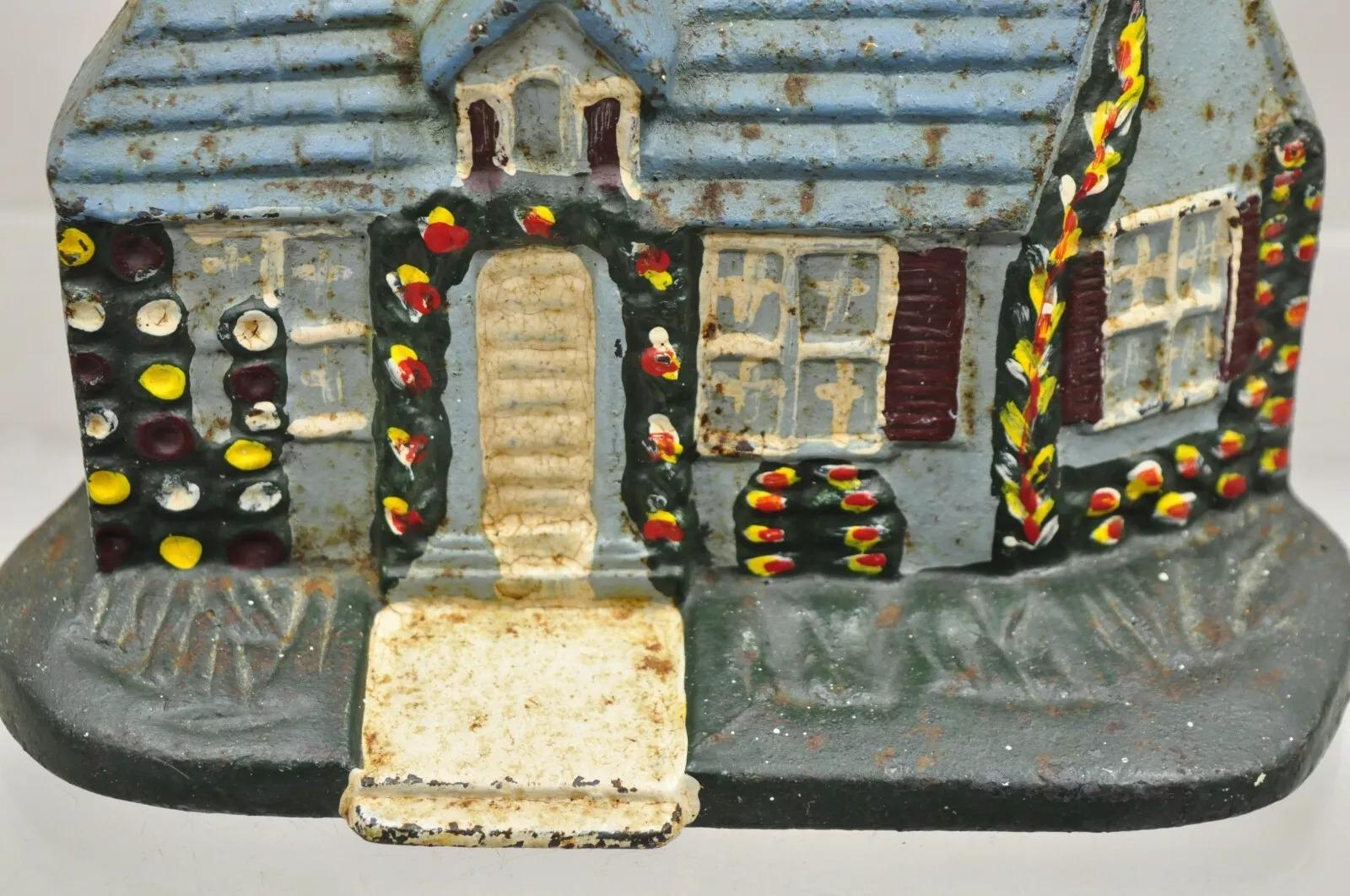 Early 20th Century Antique Victorian Cast Iron Figural Blue Cottage House Painted Door Stop For Sale