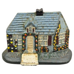 The House of Antiques House of Antiques Antique Victorian Cast Iron Figural Blue Cottage House Painted Door Stop