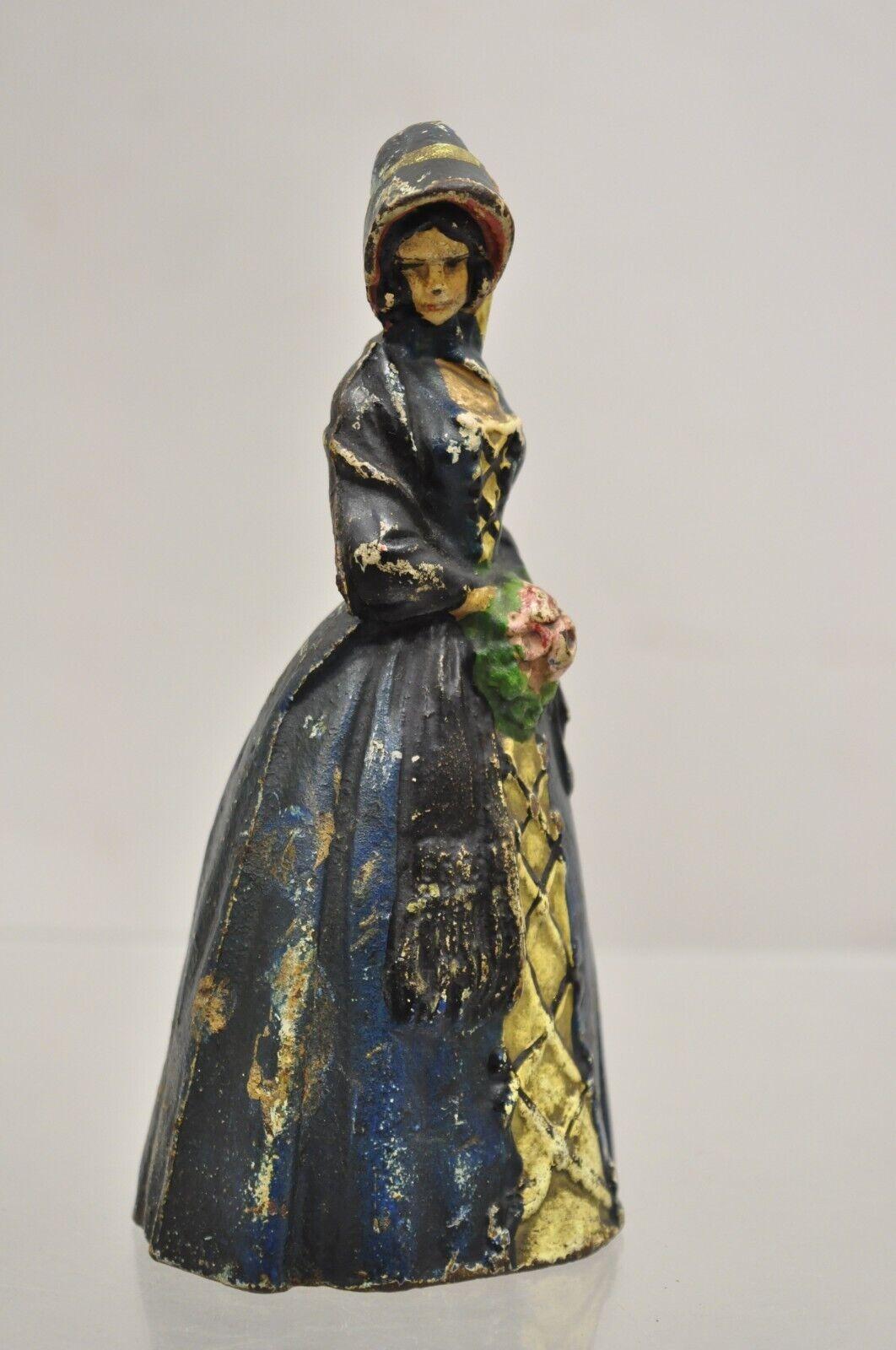 Antique Victorian Cast Iron Figural Colonial Woman Painted Door Stop In Good Condition For Sale In Philadelphia, PA