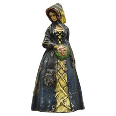 Used Victorian Cast Iron Figural Colonial Woman Painted Door Stop