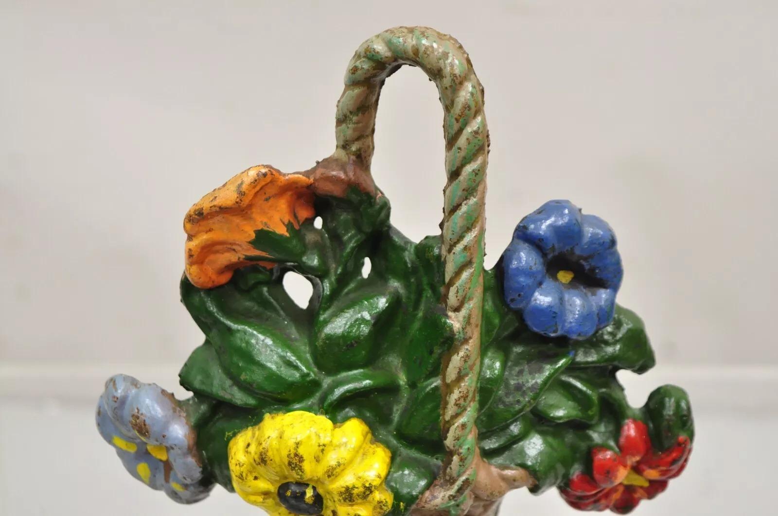 Antique Victorian Cast Iron Figural Floral Bouquet Basket Painted Door Stop In Good Condition For Sale In Philadelphia, PA