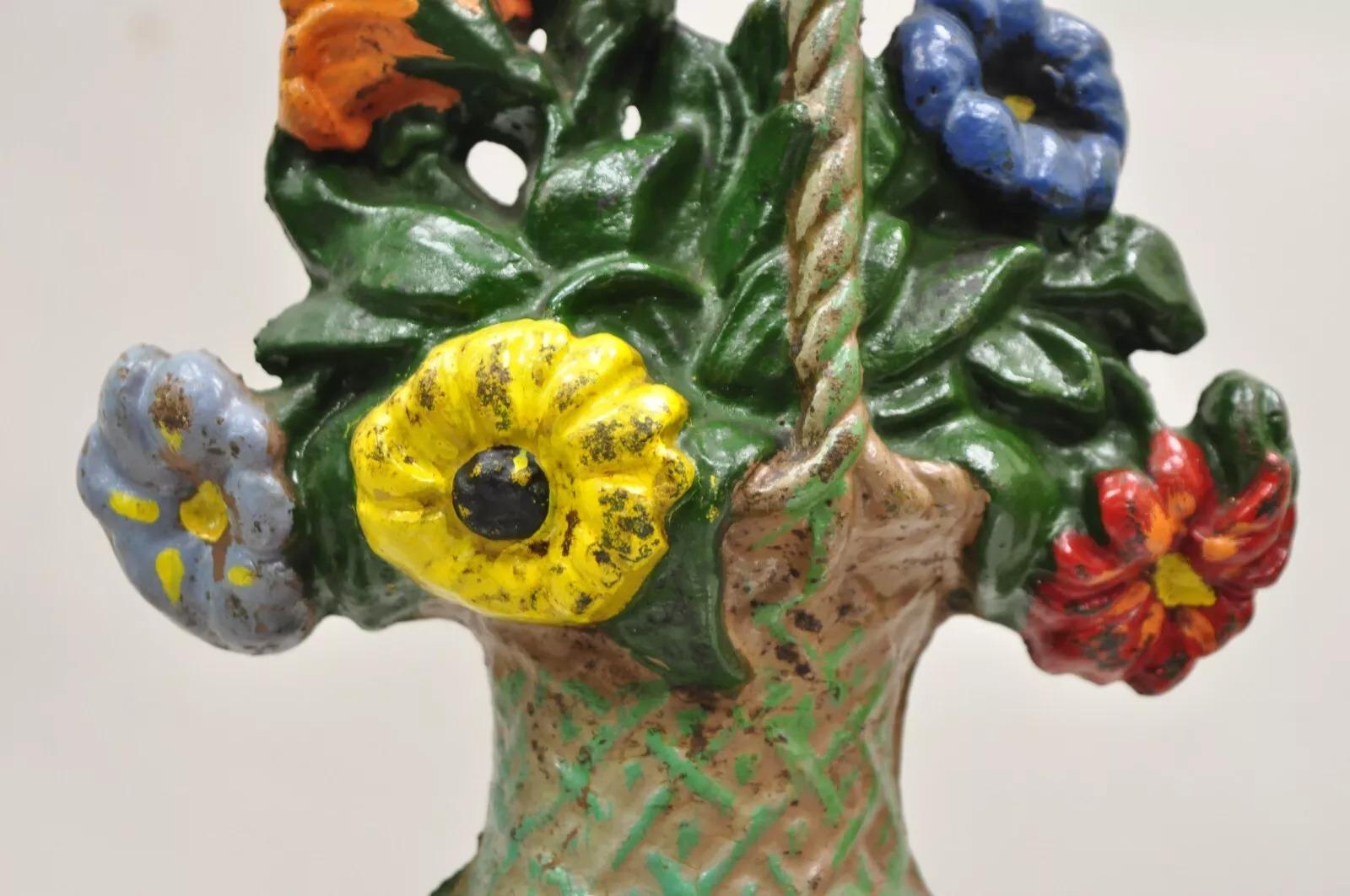 Early 20th Century Antique Victorian Cast Iron Figural Floral Bouquet Basket Painted Door Stop For Sale
