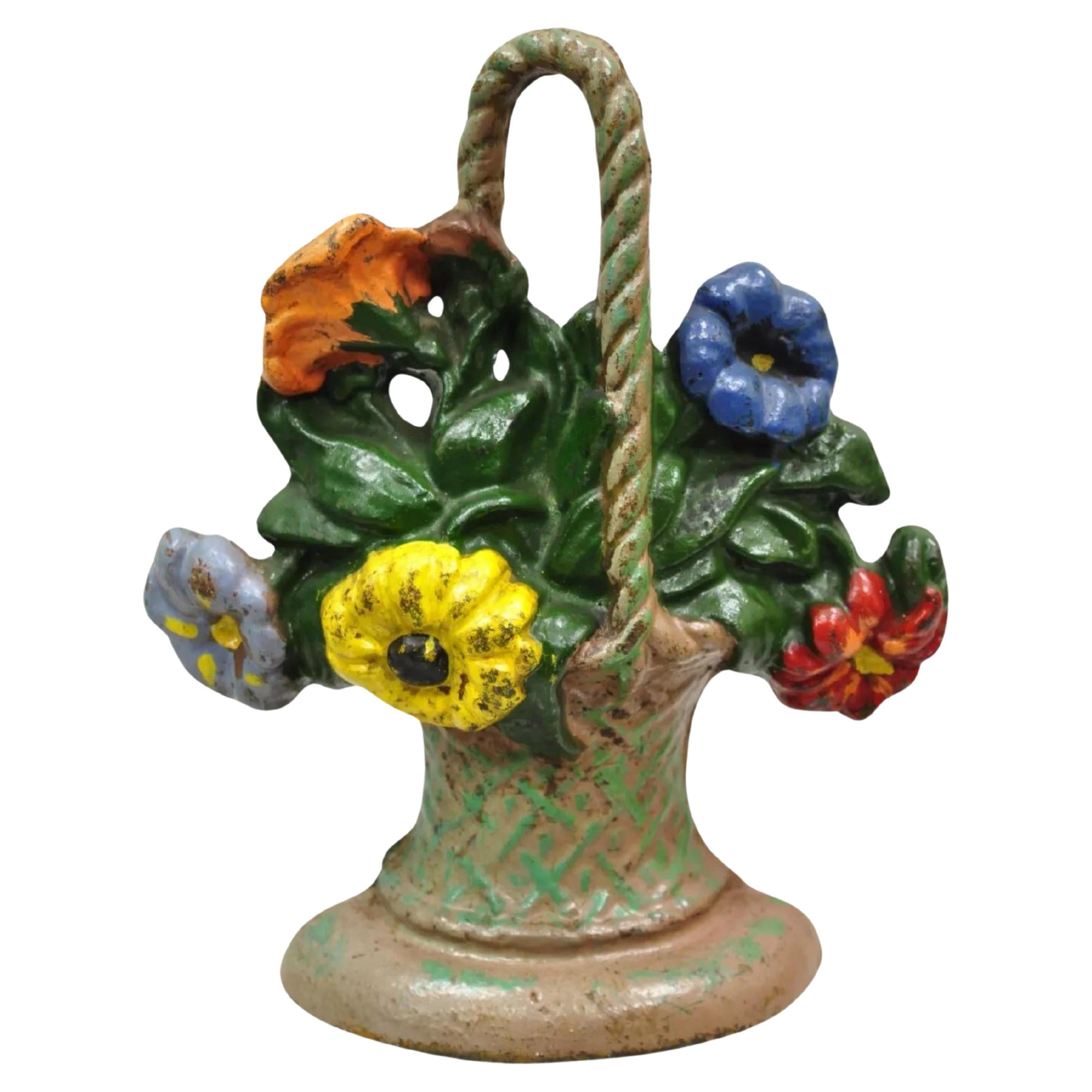 Antique Victorian Cast Iron Figural Floral Bouquet Basket Painted Door Stop For Sale
