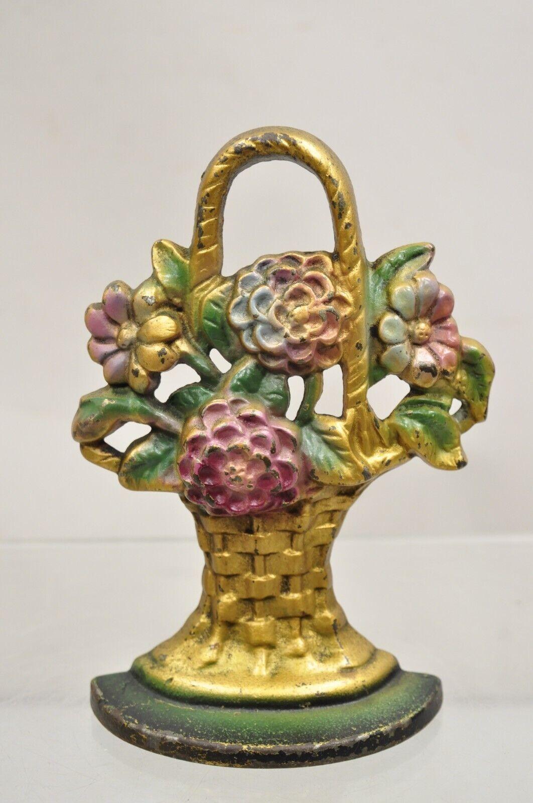 Antique Victorian Cast Iron Figural Floral Bouquet Gold Basket Painted Door Stop For Sale 6