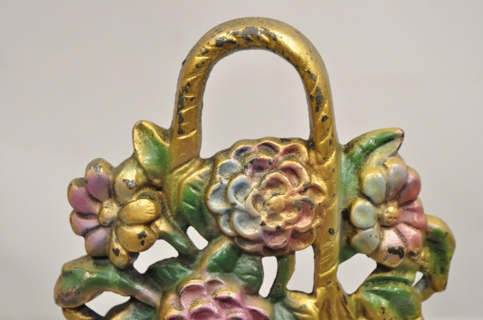 Antique Victorian Cast Iron Figural Floral Bouquet Gold Basket Painted Door Stop In Good Condition For Sale In Philadelphia, PA