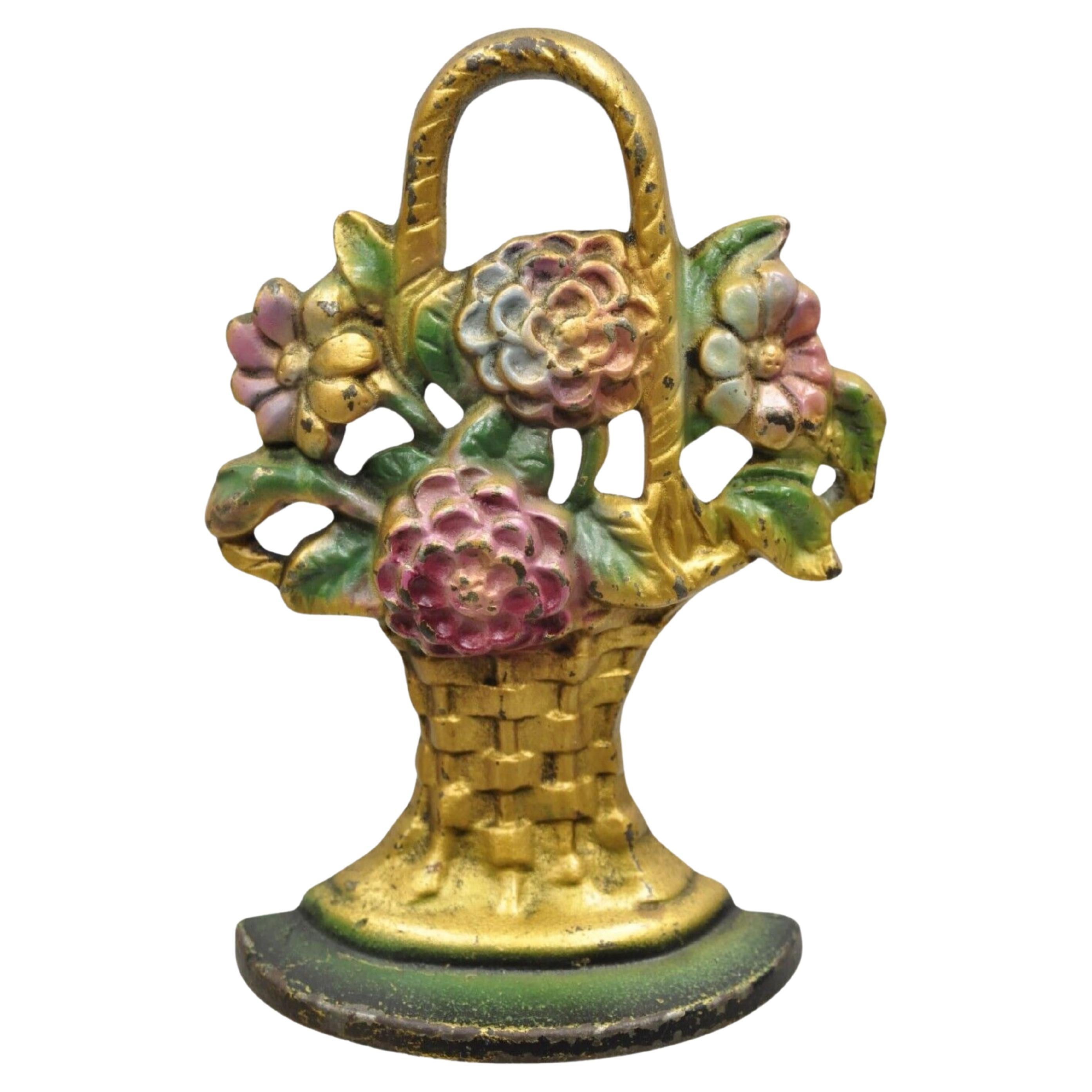 Antique Victorian Cast Iron Figural Floral Bouquet Gold Basket Painted Door Stop For Sale