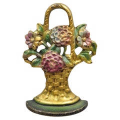 Antique Victorian Cast Iron Figural Floral Bouquet Gold Basket Painted Door Stop