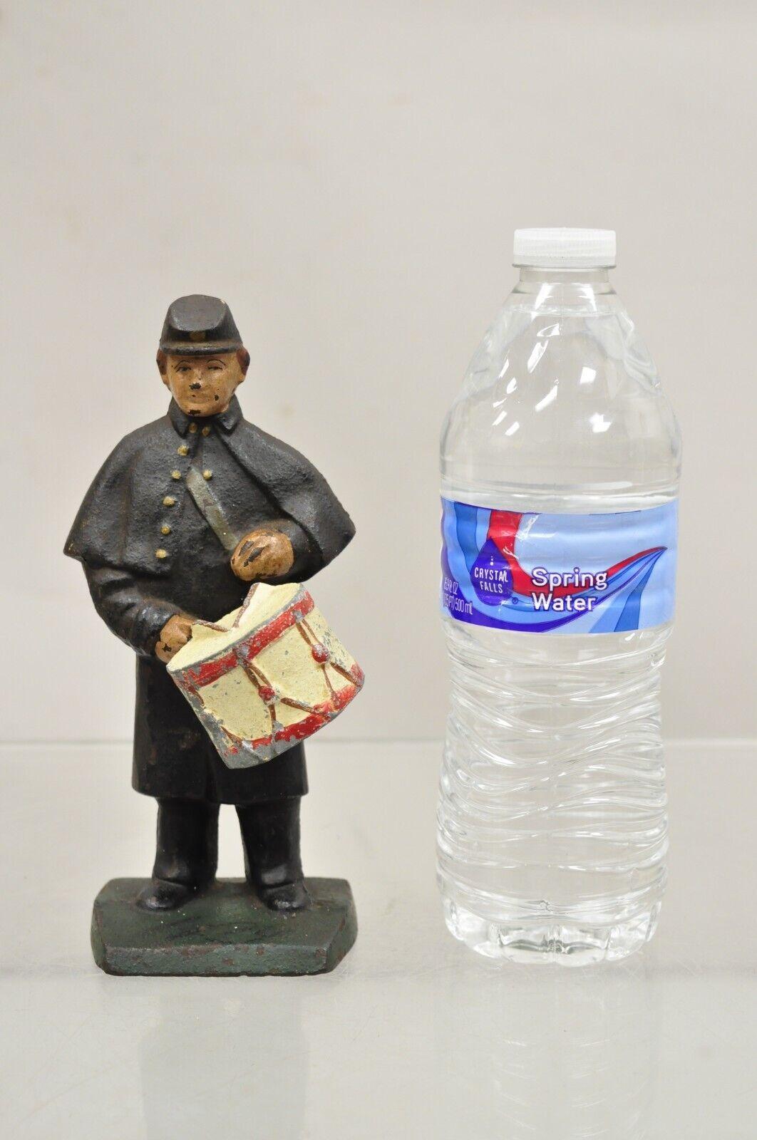 Antique Victorian Cast Iron Figural Painted Civil War Soldier Drummer Door Stop. Circa Early 1900s. Measurements: 7